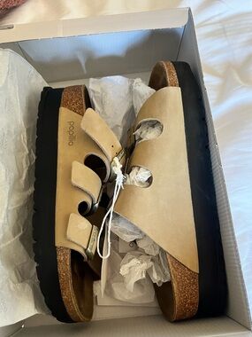 Papillio , “sandcastle” Suede Platform Sandals with Black Sole